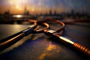 A Close Up Of A Cord With A City In The Background. AI Generated photo