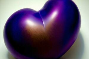 un brillante púrpura corazón conformado objeto en un blanco superficie. ai generado foto