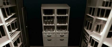 A Tall White Cabinet Filled With Lots Of Bottles. AI Generated photo