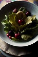 A White Bowl Filled With Lettuce And Cherries. AI Generated photo