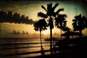 A Couple Of Palm Trees Sitting On Top Of A Beach. AI Generated photo