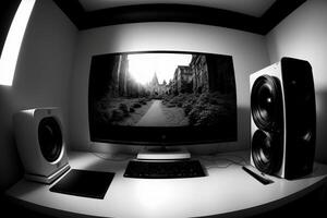 A Computer Monitor Sitting On Top Of A Desk. photo