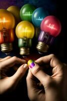 A Pair Of Hands Holding A Rainbow Colored Light Bulb. AI Generated photo