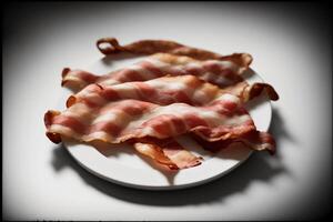 A White Plate Topped With Bacon Strips On Top Of A Table. photo
