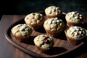 A Wooden Tray Topped With Muffins On Top Of A Table. AI Generated photo