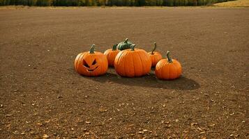 A Group Of Pumpkins Sitting In The Middle Of A Field. AI Generated photo