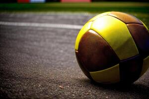 A Yellow And Brown Ball Sitting On The Side Of A Road. photo