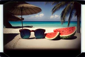 un rebanada de sandía y Gafas de sol en un playa. ai generado foto