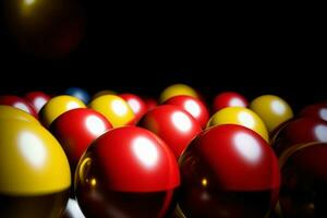 un grande grupo de rojo y amarillo pelotas. ai generado foto