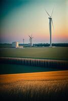 A Couple Of Windmills That Are Standing In The Grass. AI Generated photo