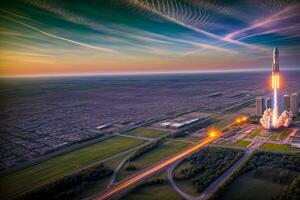 An ArtistS Rendering Of A Rocket Launching Into The Sky. photo