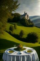 A Table With A White Table Cloth On It With A Castle In The Background. AI Generated photo