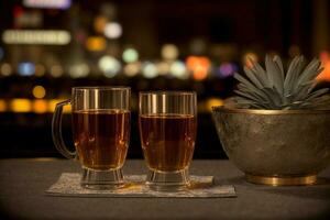 Two Glasses Of Tea Sitting Next To A Potted Plant. AI Generated photo