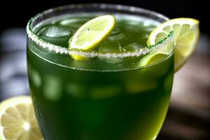 A Close Up Of A Green Drink With Lemons. AI Generated photo