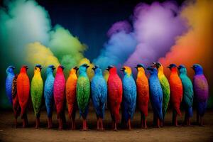 A Group Of Colorful Birds Standing Next To Each Other. AI Generated photo