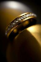 un cerca arriba de un oro anillo con diamantes ai generado foto