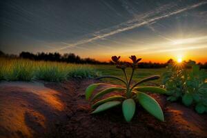 A Plant In The Middle Of A Field With The Sun Setting In The Background. AI Generated photo