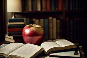 un rojo manzana sentado en parte superior de un abierto libro. ai generado foto