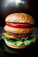 A Hamburger Sitting On Top Of A Black Plate. AI Generated photo