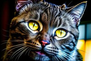 un cerca arriba de un gato con amarillo ojos. ai generado foto