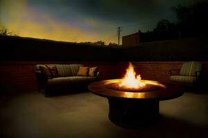 A Fire Pit Sitting On Top Of A Wooden Table. AI Generated photo