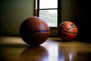 dos pelotas de baloncesto sentado en un de madera piso en frente de un ventana. ai generado foto