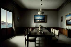 A Dining Room With A Table And Chairs. AI Generated photo