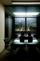 An Empty Conference Room With A View Of A City. AI Generated photo