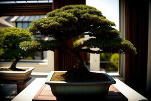 un bonsai árbol sentado en parte superior de un mesa. ai generado foto