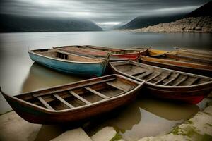 un grupo de barcos sentado en parte superior de un lago. ai generado foto