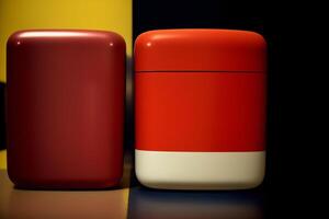 A Red And White Container Sitting Next To Each Other. photo