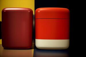 A Red And White Container Sitting Next To Each Other. AI Generated photo