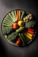 A Plate Filled With Lots Of Different Types Of Vegetables. AI Generated photo