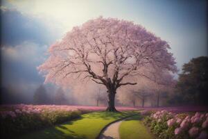 A Painting Of A Tree In The Middle Of A Field. photo