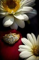 A Close Up Of A Ring On A Pillow With Flowers In The Background. AI Generated photo