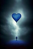 A Man Standing In The Middle Of A Field Under A Blue Heart Shaped Balloon. AI Generated photo