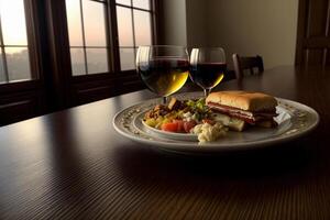 un plato de comida y un vaso de vino en un mesa. ai generado foto