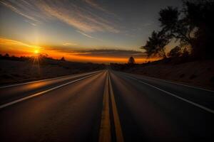 The Sun Is Setting Over A Road In The Desert. photo