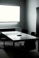 A Black And White Photo Of A Conference Room. AI Generated