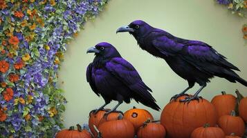 Two Black Crows Sitting On Top Of Pumpkins. AI Generated photo