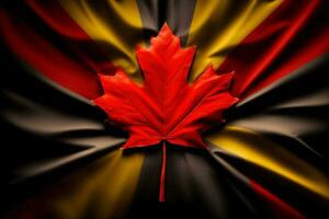 A Red Maple Leaf On A Black And Yellow Background. AI Generated photo
