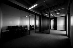 A Black And White Photo Of An Empty Office. AI Generated