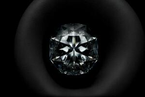 un cerca arriba de un diamante en un negro antecedentes. ai generado foto