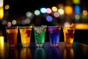 A Row Of Colorful Drinks Sitting On Top Of A Table. photo