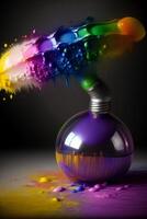 A Multicolored Brush Sitting On Top Of A Bottle Of Paint. photo