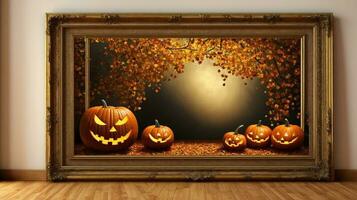 A Painting Of Three Jack O Lantern Pumpkins. AI Generated photo