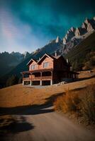 un casa en un colina con montañas en el antecedentes. ai generado foto