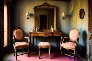 A Room With Two Chairs And A Table With A Mirror. photo