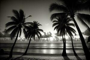 A Black And White Photo Of Palm Trees On A Beach. AI Generated