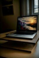A Laptop Computer Sitting On Top Of A Wooden Desk. AI Generated photo